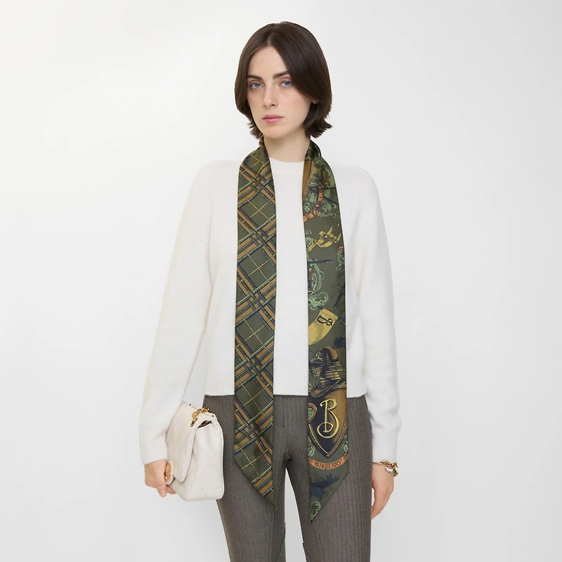 Skinny Reversible Etched Knight Silk Scarf in Moat green | Burberry® Official