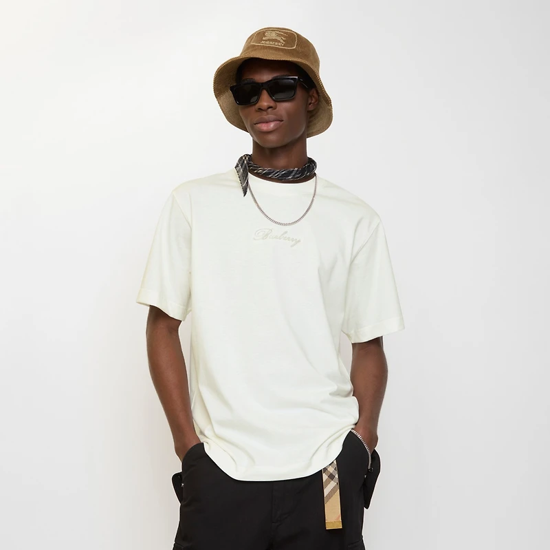 Check Cursive Logo Cotton T-shirt in Chalk white - Men | Burberry® Official