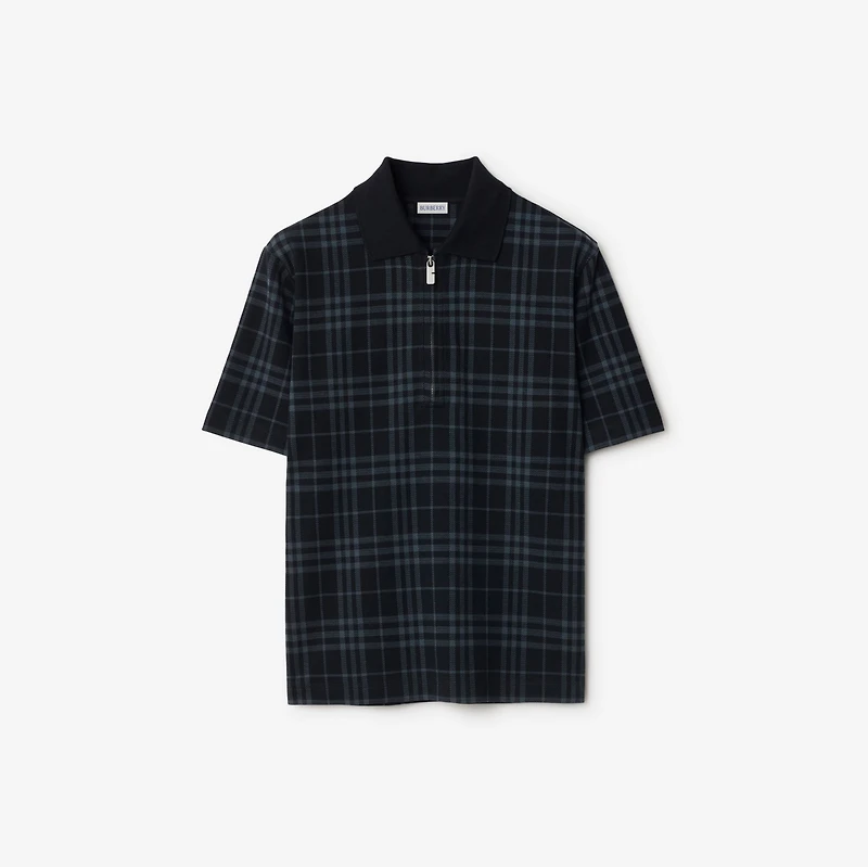 Check Stretch Cotton Blend Polo Shirt in Ink - Men, Nylon | Burberry® Official
