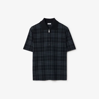 Check Stretch Cotton Blend Polo Shirt in Ink - Men, Nylon | Burberry® Official