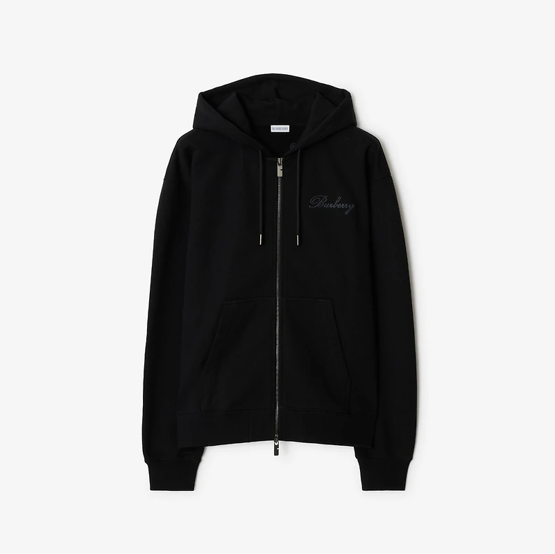 Check Cursive Logo Cotton Zip Hoodie in Black - Men | Burberry® Official