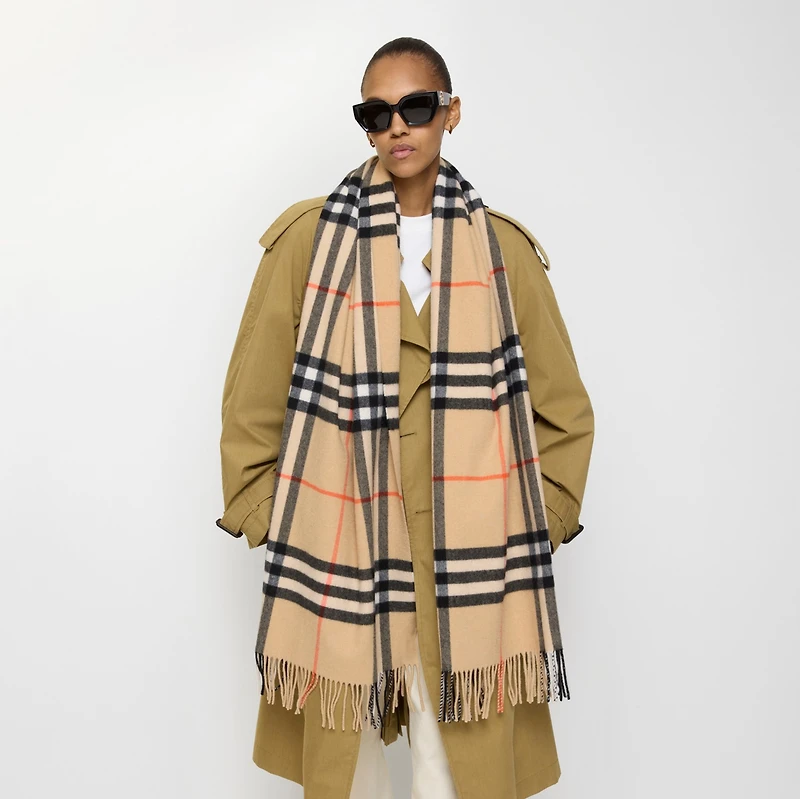 Wide Check Cashmere Scarf in Sand | Burberry® Official