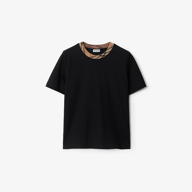 Check Trim Cotton T-shirt in Black - Women | Burberry® Official