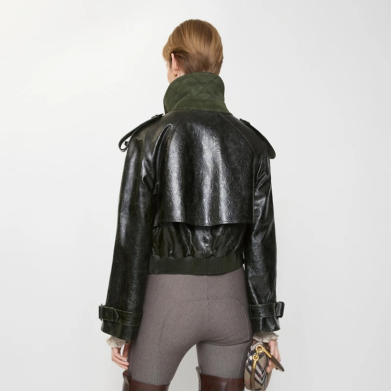Cropped Embossed Leather Trench Jacket in Moat green - Women, Suede | Burberry® Official