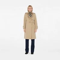 Long Check Collar Gabardine Trench Coat in Honey - Women, Cotton Gabardine | Burberry® Official