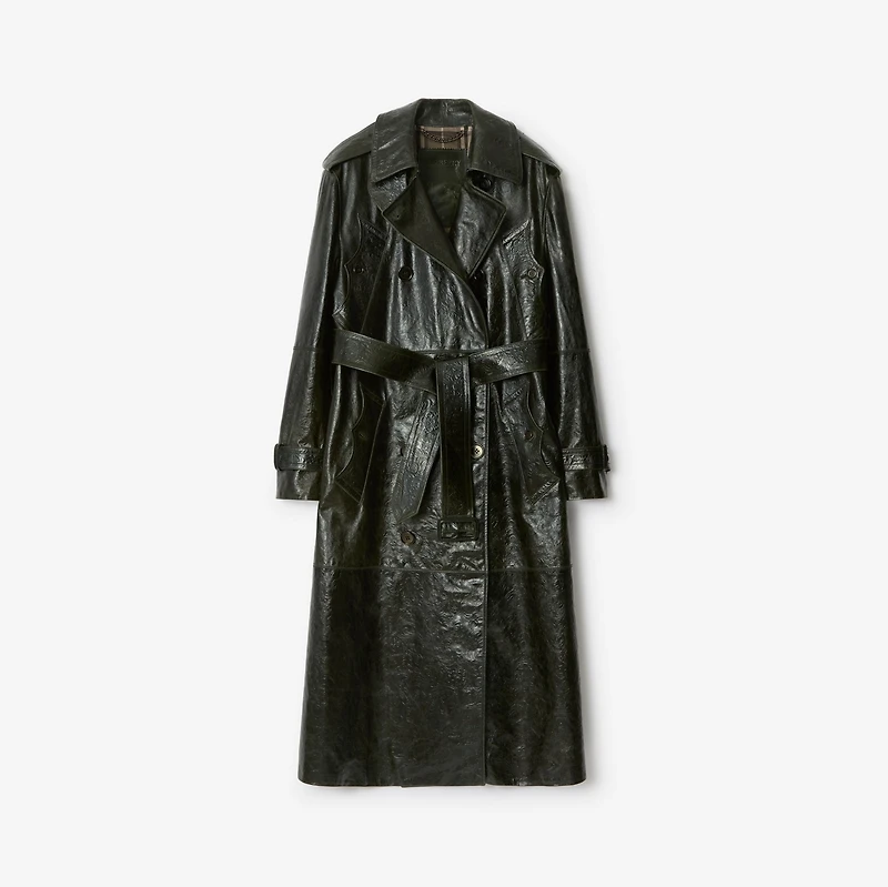Long Embossed Leather Trench Coat in Moat green - Women | Burberry® Official