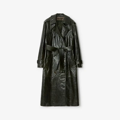Long Embossed Leather Trench Coat in Moat green - Women | Burberry® Official