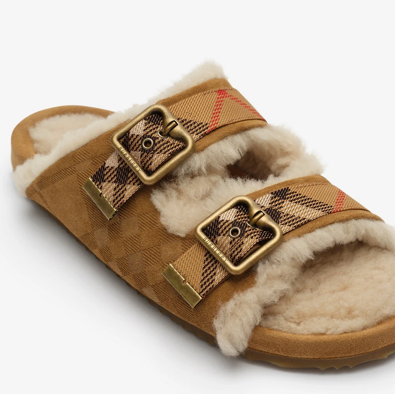 Check Shearling Urchin Sandals in Jute beige - Women | Burberry® Official