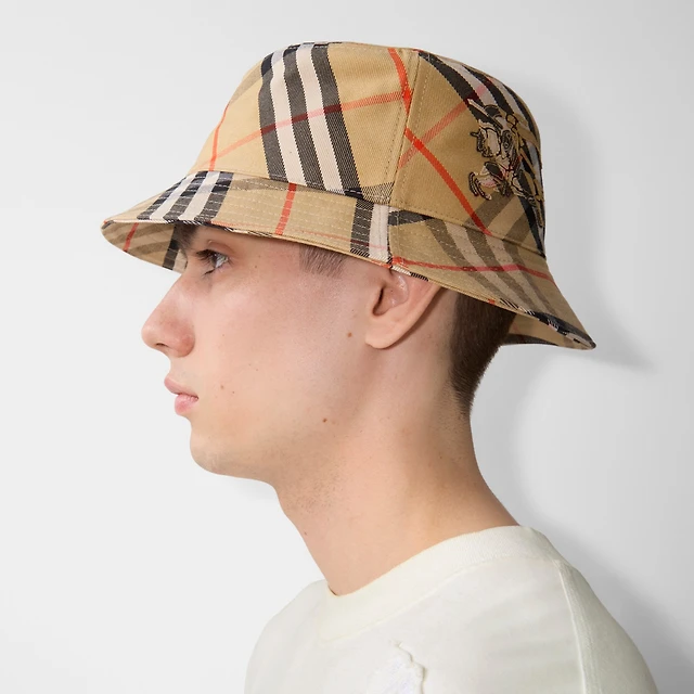 Shop Burberry Check EKD Bucket Hat in Sand Men Burberry