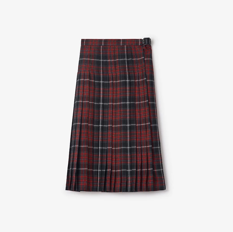 Check Wool Blend Midi Kilt in Coal grey/cranberry red - Women | Burberry® Official