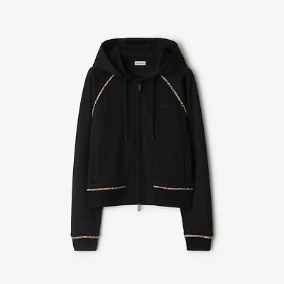 Check Trim Cotton Blend Zip Hoodie in Black - Women | Burberry® Official