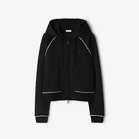Check Trim Cotton Blend Zip Hoodie in Black - Women | Burberry® Official