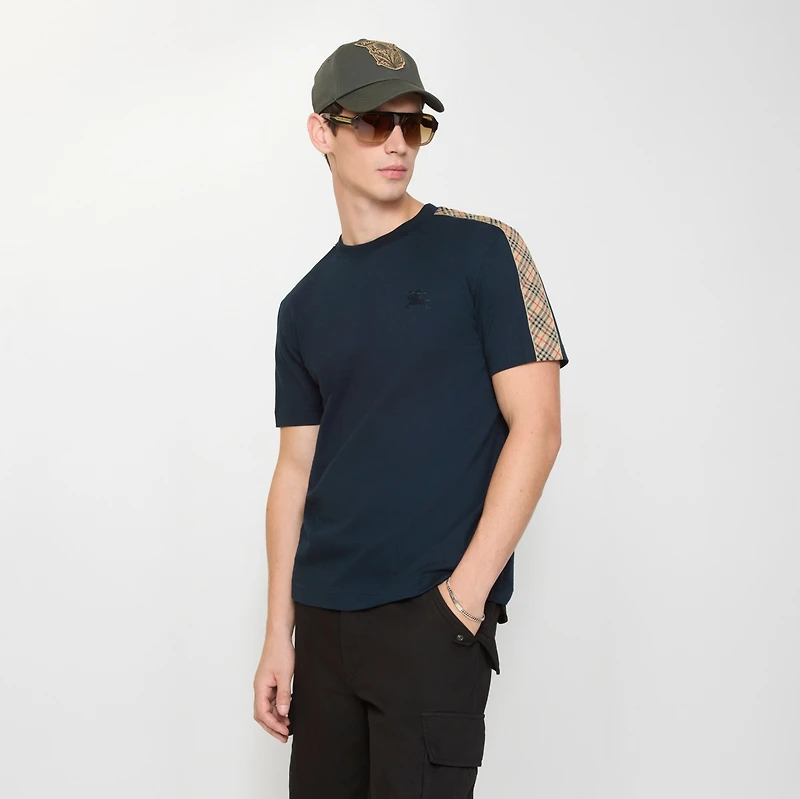 Check Trim Cotton T-shirt in Navy - Men | Burberry® Official