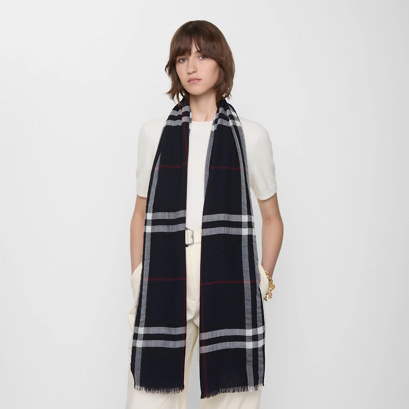Wide Check Wool Scarf in Ink | Burberry® Official