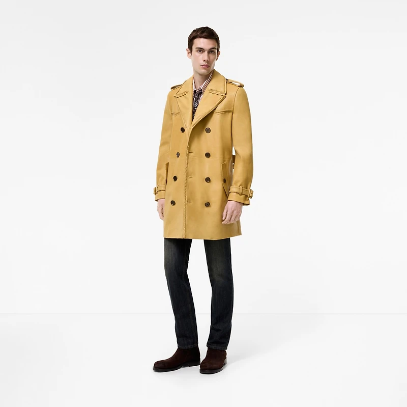 Mid-length Leather Leverton Trench Coat in Mustard yellow - Men | Burberry® Official