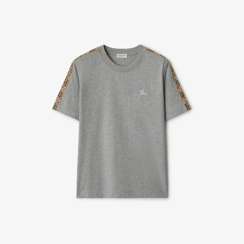 Check Trim Cotton T-shirt in Pale grey melange - Women | Burberry® Official