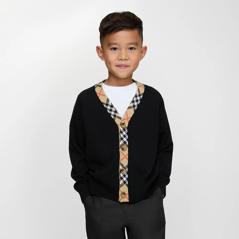 Check Trim Wool Cardigan in Black | Burberry® Official