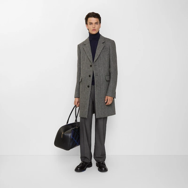 Herringbone Wool Tailored Coat in Asphalt black/old stone grey - Men | Burberry® Official
