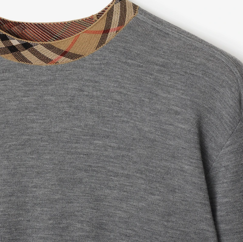 Check Trim Wool Sweater in Grey - Men | Burberry® Official