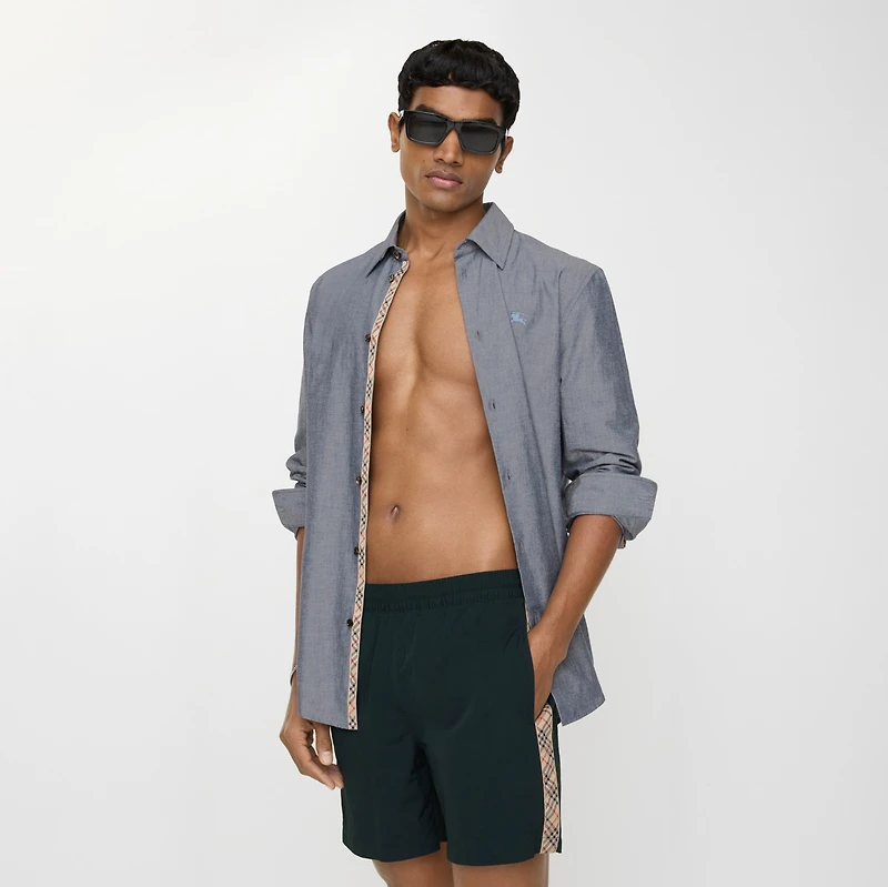 Check Trim Swim Shorts in Navy - Men, Nylon | Burberry® Official