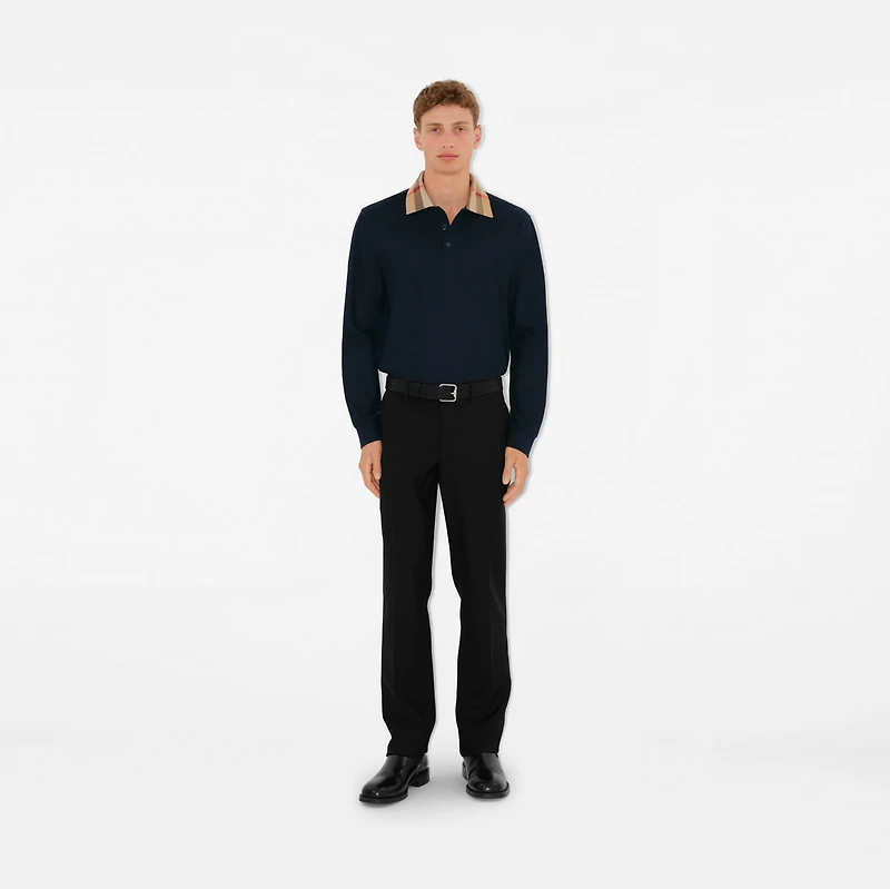 Long-sleeve Check Collar Cotton Polo Shirt in Smoked navy - Men | Burberry® Official