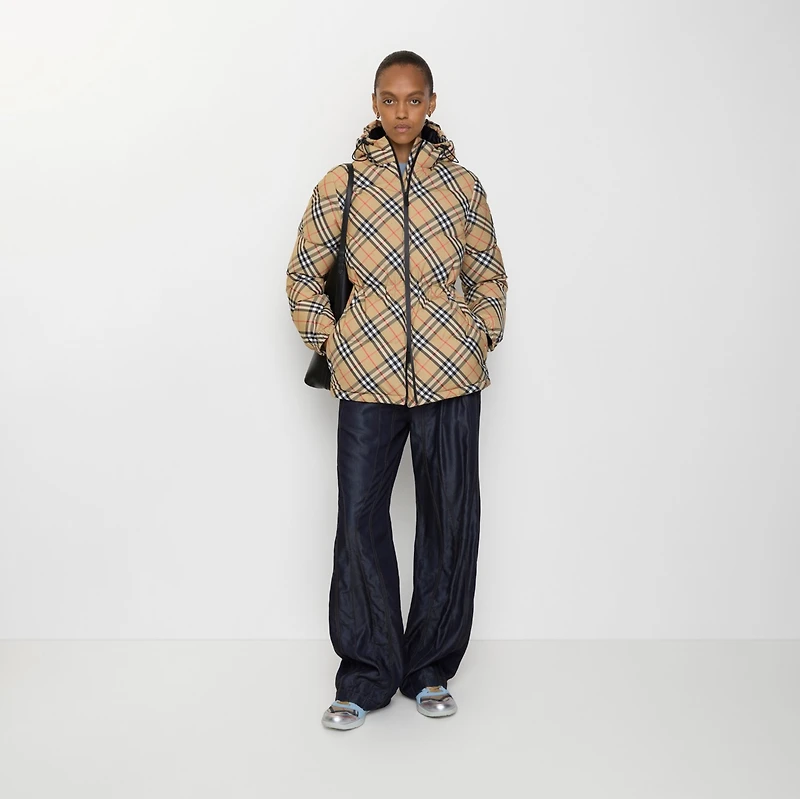 Check Nylon Hooded Puffer Jacket in Sand beige - Women | Burberry® Official