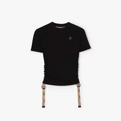 Check Trim Stretch Modal Cashmere T-shirt in Black - Women, Nylon | Burberry® Official