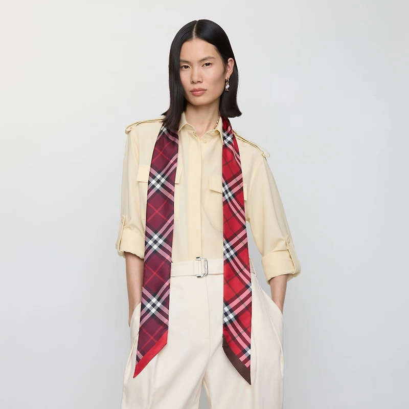 Skinny Contrast Check Silk Scarf in Pillar/oxblood | Burberry® Official