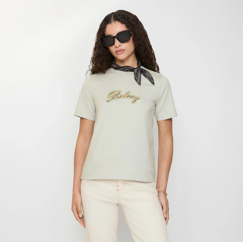 Check Cursive Logo Cotton T-shirt in Seafoam green - Women | Burberry® Official