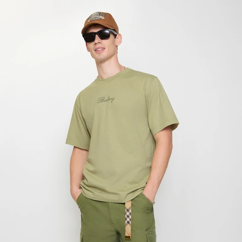 Check Cursive Logo Cotton T-shirt in Glade green - Men | Burberry® Official