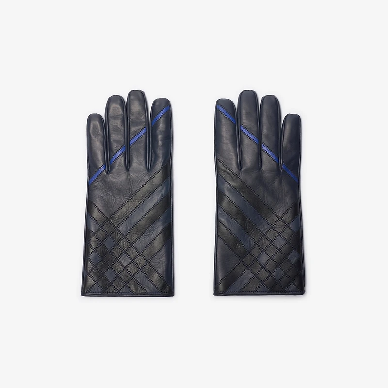 Check Intarsia Leather Gloves in Storm blue - Men | Burberry® Official