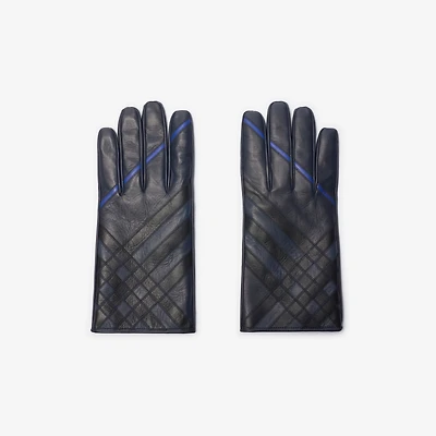 Check Intarsia Leather Gloves in Storm blue - Men | Burberry® Official