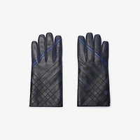Check Intarsia Leather Gloves in Storm blue - Men | Burberry® Official