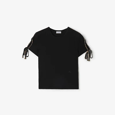 Cropped Tie-sleeve Cotton T-shirt in Black - Women | Burberry® Official