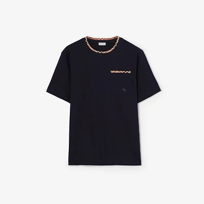 Check Trim Cotton T-shirt in Navy - Men | Burberry® Official