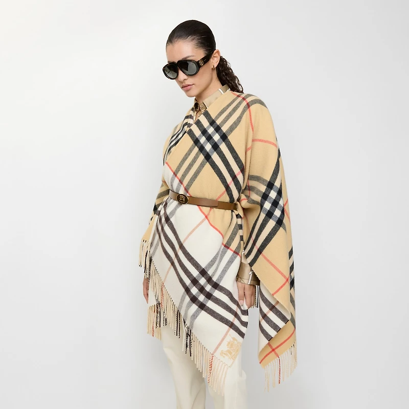 Contrast Check Cashmere Wool Cape in Sand/pebble white | Burberry® Official