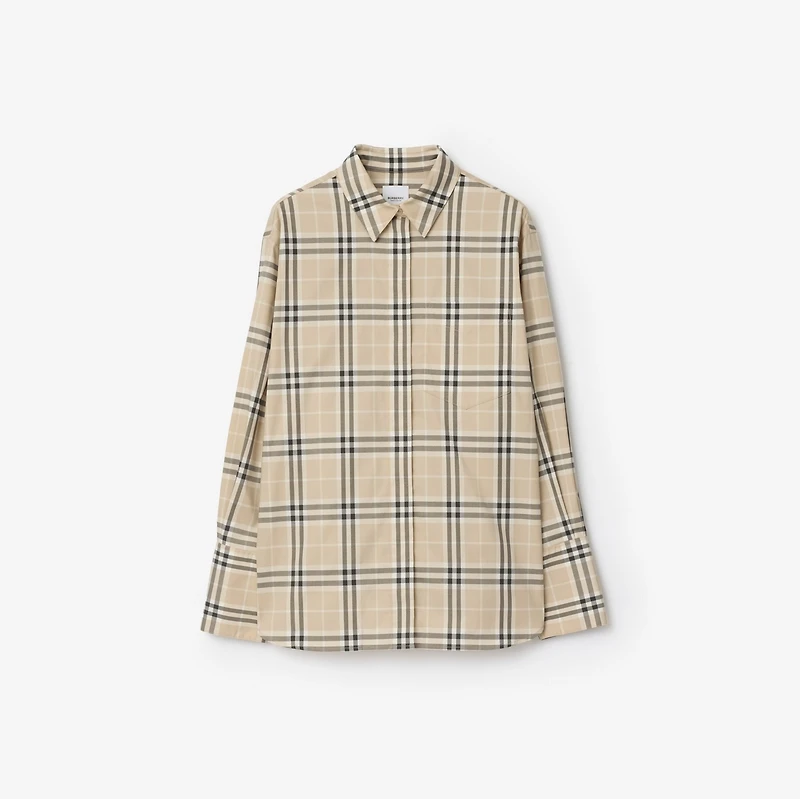 Regular Fit Check Stretch Cotton Shirt in Light taupe beige - Women | Burberry® Official