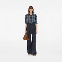 High Rise Wide Check Denim Jeans in Indigo - Women, Cotton | Burberry® Official