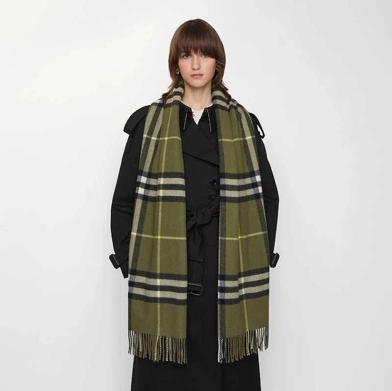 Wide Check Cashmere Scarf in Pea green | Burberry® Official