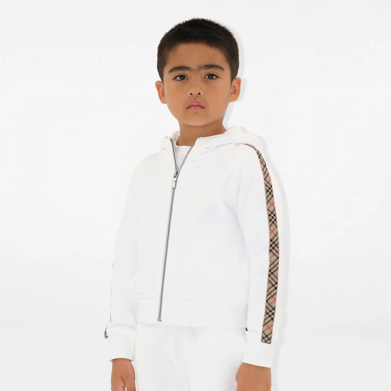 Check Trim Cotton Zip Hoodie in White | Burberry® Official
