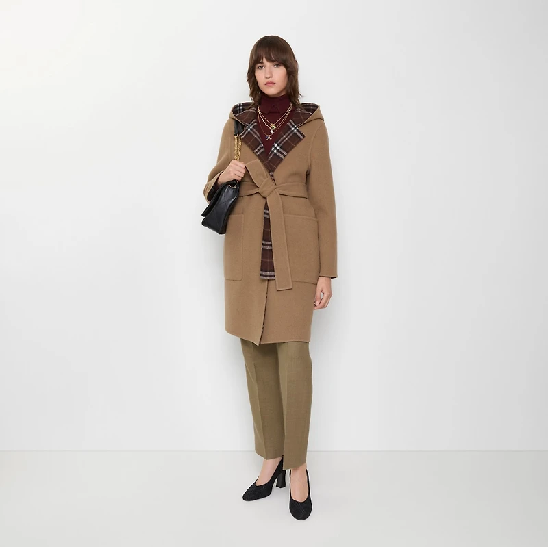 Reversible Wool Hooded Wrap Coat in Camel brown/treacle brown - Women | Burberry® Official