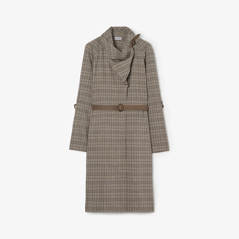 Scarf Collar Check Wool Dress in Linen beige/mole grey - Women | Burberry® Official