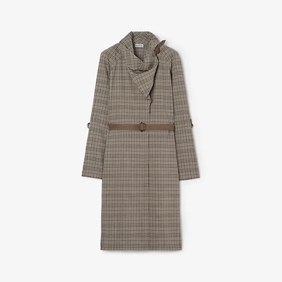Scarf Collar Check Wool Dress in Linen beige/mole grey - Women | Burberry® Official