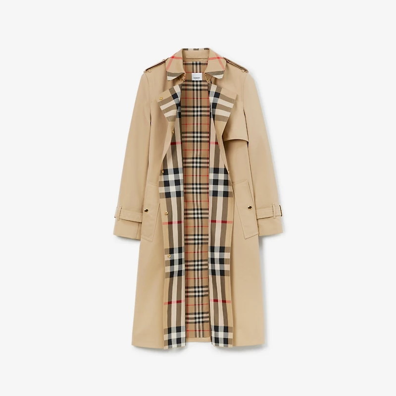 Long Check Collar Gabardine Trench Coat in Honey - Women, Cotton Gabardine | Burberry® Official