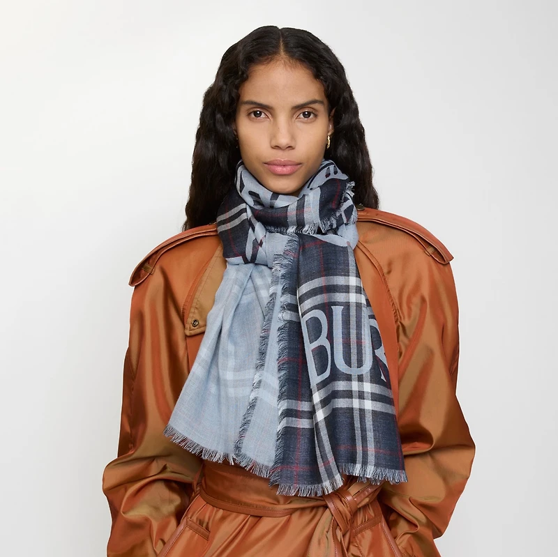 Wide EKD Check Wool Silk Scarf in Ink blue | Burberry® Official