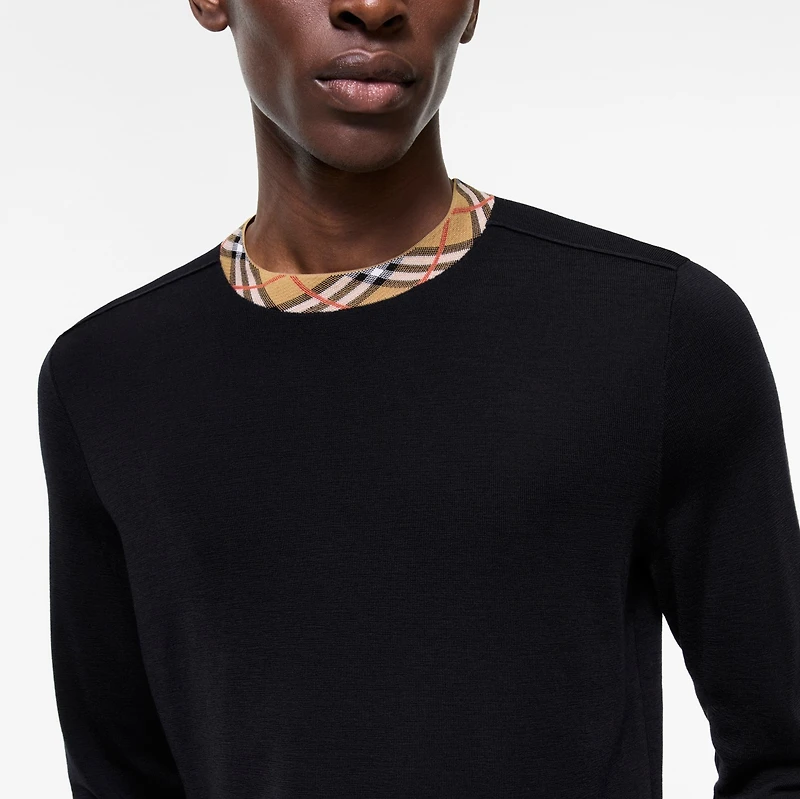Check Trim Wool Sweater in Navy - Men | Burberry® Official