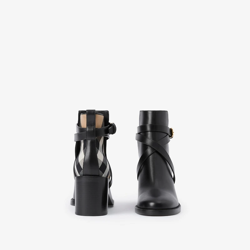 Check and Leather Heel Boots in Black/archive beige - Women | Burberry® Official