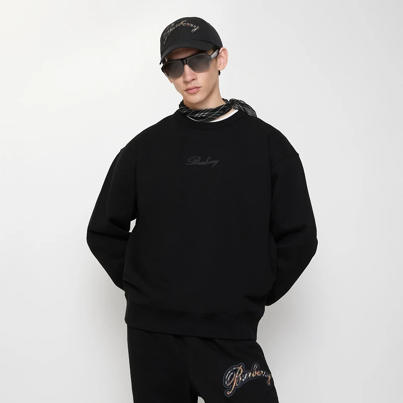 Check Cursive Logo Cotton Sweatshirt in Black - Men | Burberry® Official