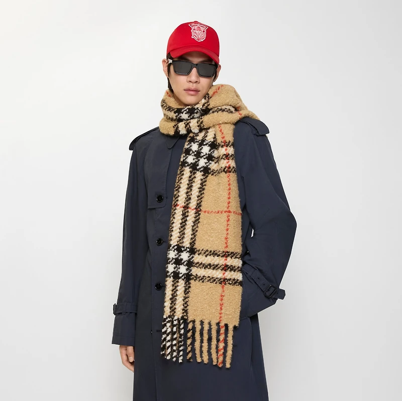 Check Alpaca Wool Blend Bouclé Scarf in Sand beige | Burberry® Official