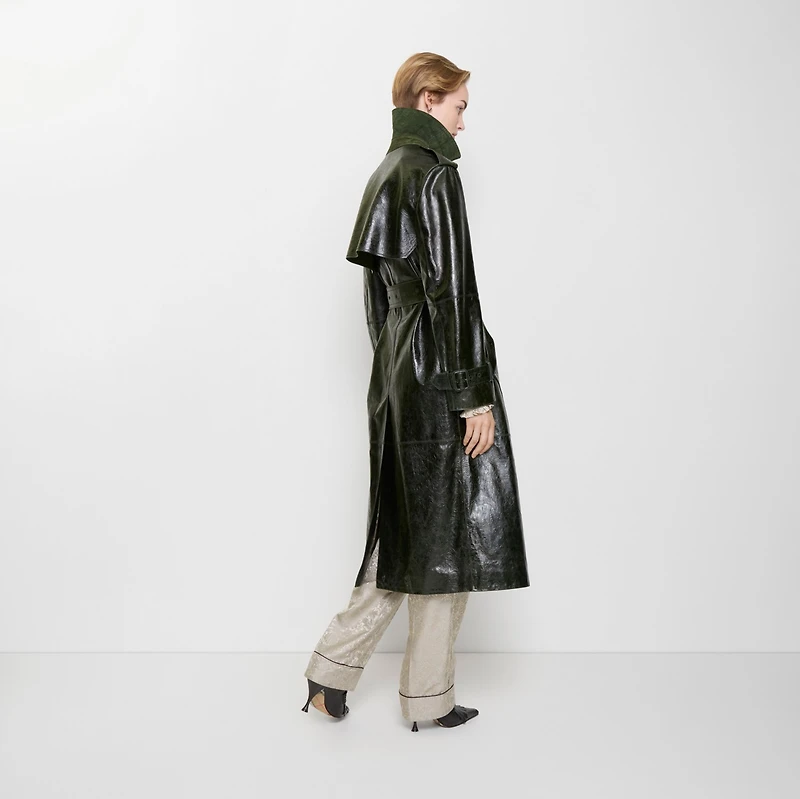 Long Embossed Leather Trench Coat in Moat green - Women | Burberry® Official